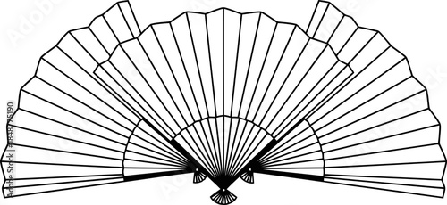 Abstract ornamental fan line art design, inspired by traditional Japanese culture element. Semicircular shape. Black and white graphic vector illustration