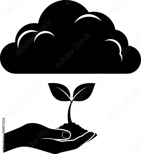 Hand holding a seedling under a cloud, concept of nature care, environment protection, growth, and sustainability. Vector icon for app, web design