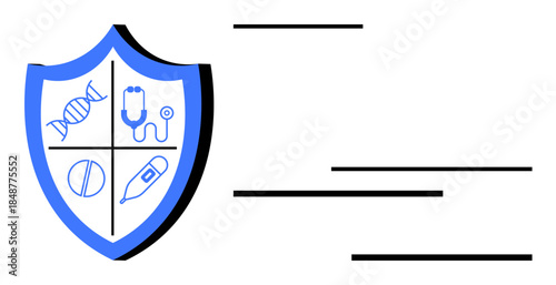 Blue shield divided into quadrants featuring a DNA strand, stethoscope, pill, and thermometer. Ideal for healthcare, prevention, safety, wellness, protection pharmaceutical medical education