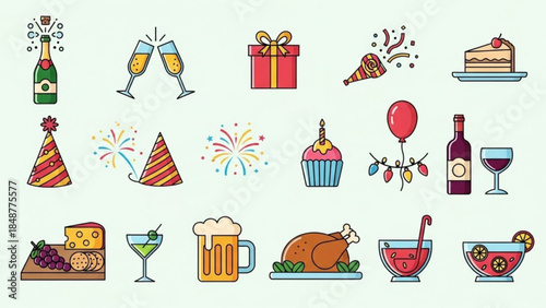 Colorful celebration icons including champagne, party hats, gifts, cake, and food on a white background for festive occasions and events