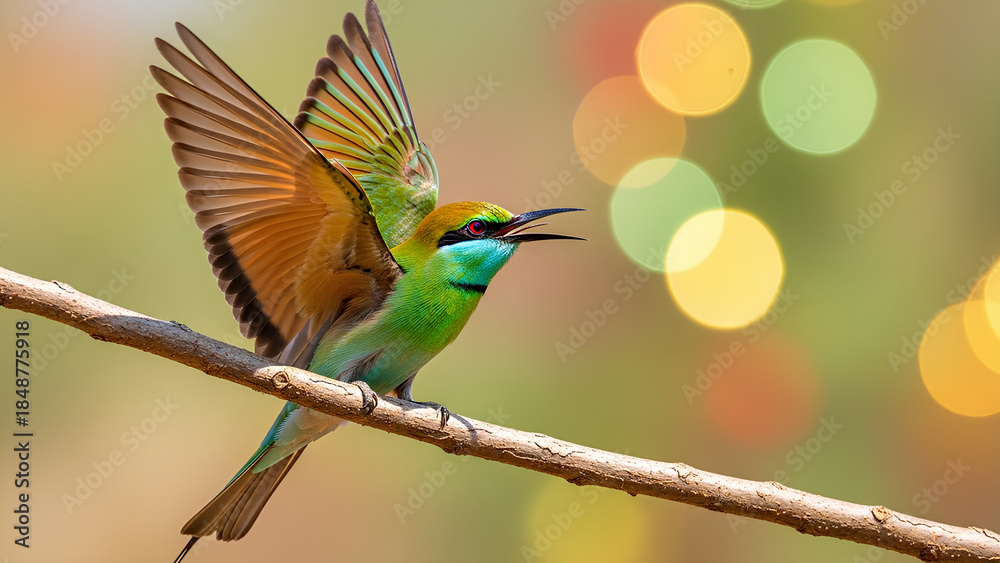 Obraz premium A vibrant green bird with spread wings captured on a branch against bokeh