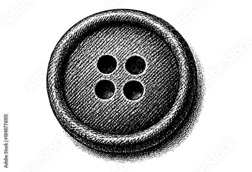 A vintage black and white illustration of a four-hole sewing button with textured detail and a raised rim, isolated on a white background, perfect for craft or design projects.