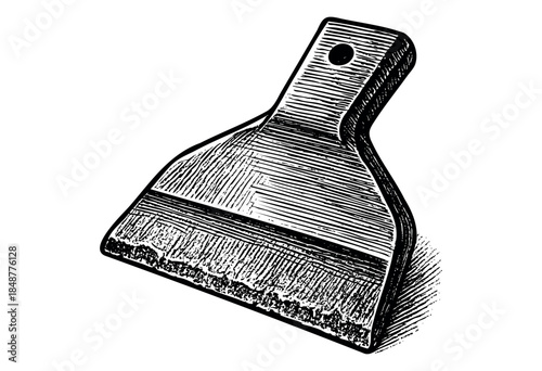 A black and white woodcut illustration of an old-fashioned scraper tool with a textured blade, isolated on a white background, suggesting vintage or retro themes.