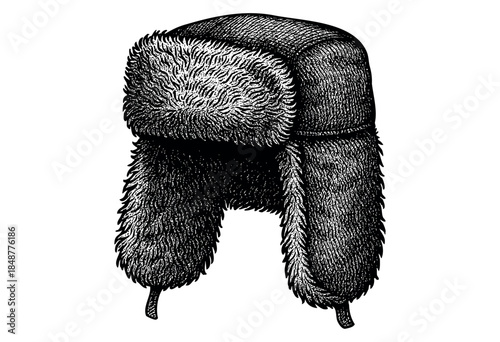 A detailed, black and white, vintage illustration of a fur-lined ushanka hat, perfect for conveying themes of winter, warmth, or historical fashion.