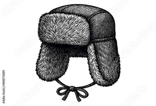 A detailed black and white illustration of a vintage fur hat with ear flaps tied with a bow, rendered in a classic engraving style.