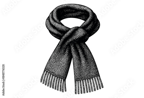 A detailed, black and white illustration of a textured knit scarf tied in a knot against a plain white background.