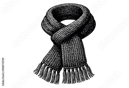 An intricately textured, black knitted scarf with a thick, braided design and fringed tassels is isolated on a clean white background, evoking warmth and winter style.