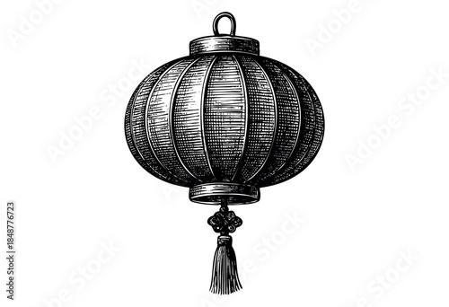 A detailed black and white sketch of a traditional Chinese lantern with a decorative tassel, perfect for cultural or festive themes.