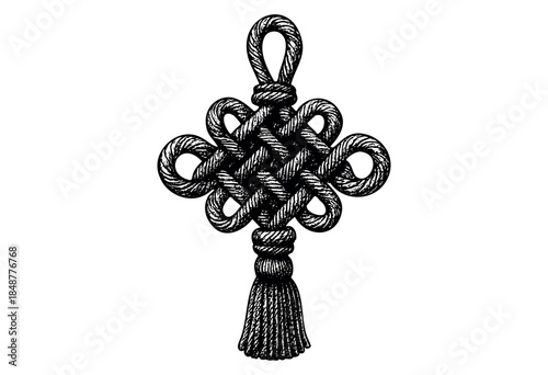 An intricately detailed black and white illustration of a complex macrame knot resembling a traditional Chinese knot, adorned with a fringed tassel.