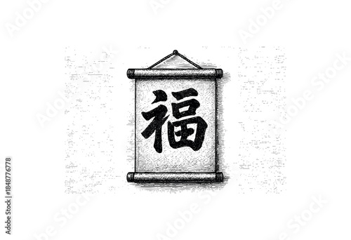 A traditional Chinese scroll featuring the character for fortune or blessing, rendered in bold black ink with a scratchy, illustrative style on textured paper.