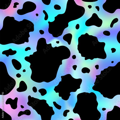 Abstract cow rainbow seamless pattern. Vector animal skin print, cute black dalmatian spots on blue holographic background. Natural stylized spotted foil texture for textile, decor, wrapping, cover.