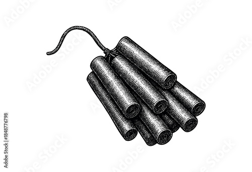 A vintage-style black and white illustration depicts a bundle of dynamite sticks with a visible fuse, rendered with textured hatching lines against a stark white background.