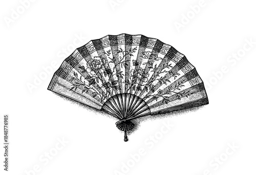 Detailed black and white illustration of an ornate, folded fan with floral and geometric patterns, isolated on a pure white background. This vintage drawing evokes elegance and tradition.