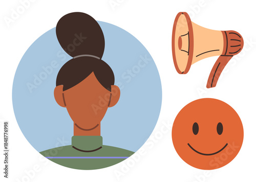 Person with bun hairstyle in profile, red megaphone, and smiling face expressing positivity. Ideal for communication, diversity, feedback, happiness, announcements, social connection and concepts of