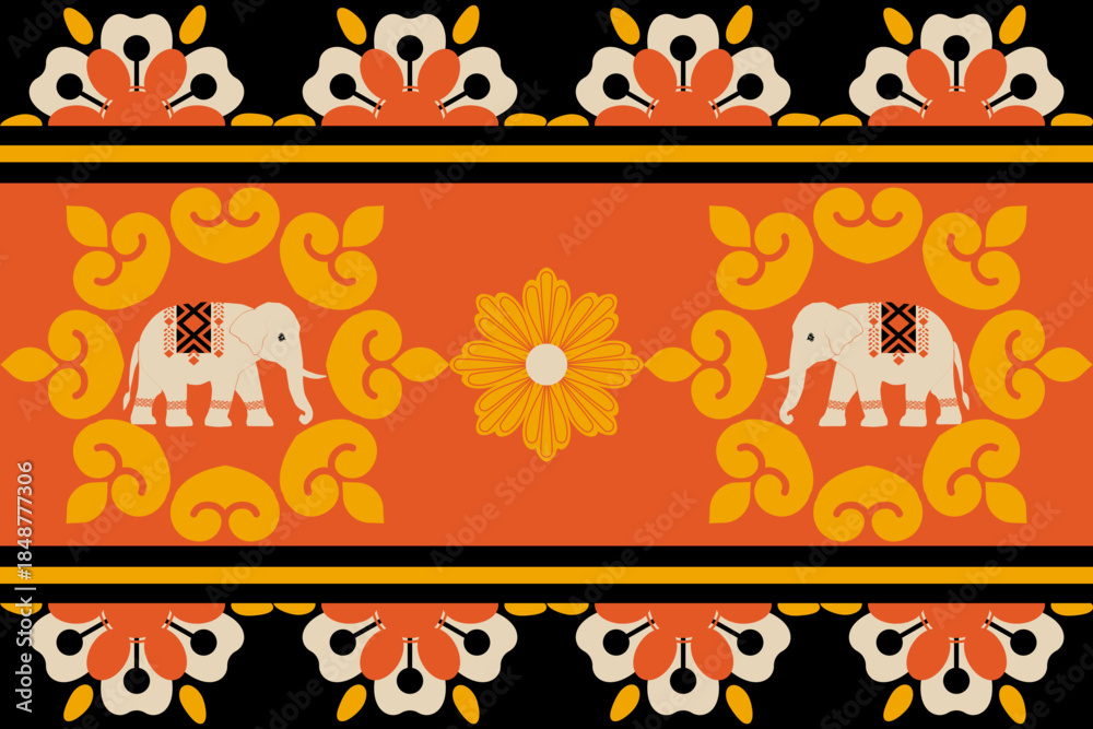 Fototapeta premium Decorative ethnic vector pattern featuring stylized white elephants, floral ornaments, and bold geometric borders in orange, black, and yellow, ideal for textiles, wallpapers, and cultural designs.