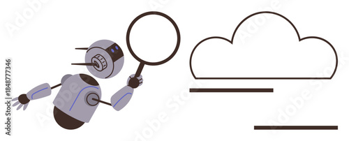Robot holding magnifying glass examining cloud icon, representing data analysis, AI research, and digital investigation. Ideal for technology, innovation, AI, data science, cloud computing
