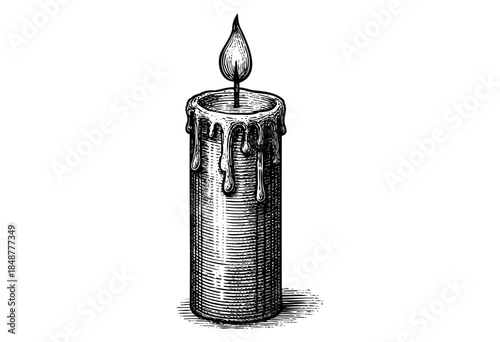 A vintage woodcut style illustration of a tall, lit candle with dripping wax and a flame, set against a white background.