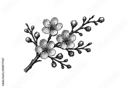 A detailed black and white sketch of a cherry blossom branch with open flowers and buds, rendered in a classic engraving style on a white background, ideal for vintage designs.