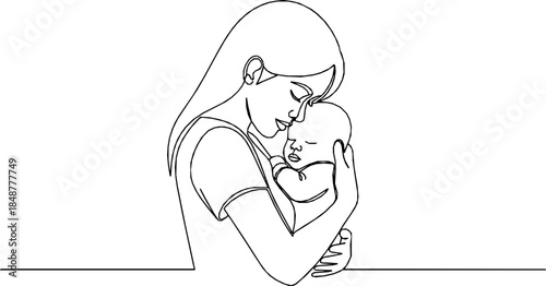 Mother holding baby in one continuous line art style, minimalist family love concept. Editable outline
