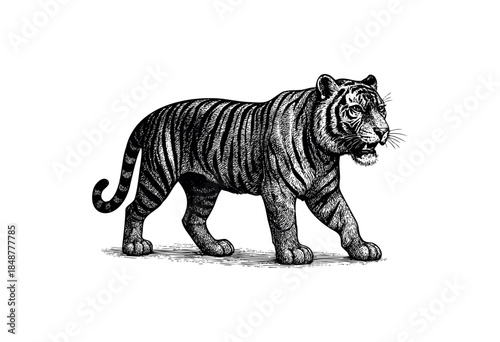 A detailed black and white engraving illustration of a tiger walking from left to right against a white background, conveying power and elegance.