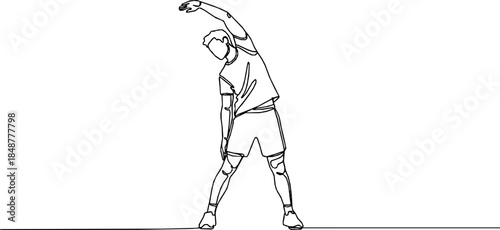 Man make stretching exercise continuous one line drawing. Hand drawn fitness concept, Activity performed to improve fitness, strength, or overall health. Sport theme design vector concept.