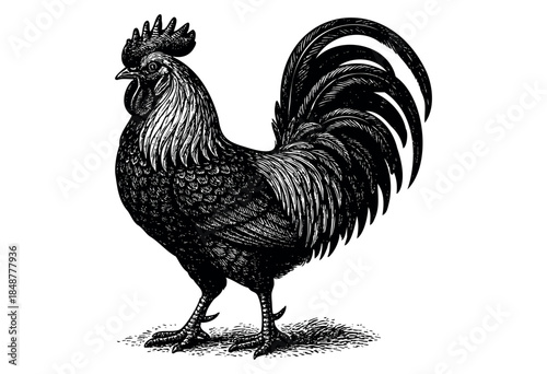 A detailed black and white engraving of a proud rooster with a textured body and flowing tail feathers stands on a grassy patch, evoking a classic, rustic feel perfect for editorial and design.