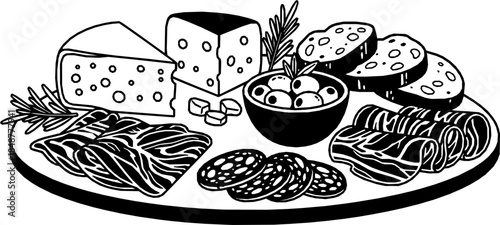 vector illustration of charcuterie board with cheese, appetizer, ham, olives, restaurant, tapas, spanish food
