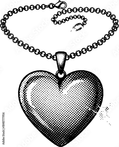 Heart-shaped pendant necklace in halftone stipple effect. Retro photocopy texture with grunge and punk rock aesthetics. Vector illustration for nostalgic and gothic-themed designs