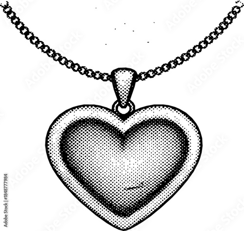 Heart-shaped pendant necklace in halftone stipple effect. Retro photocopy texture with grunge and punk rock aesthetics. Vector illustration for nostalgic and gothic-themed designs