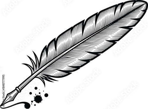 Vintage style illustration of a single feather with ink drops on white background