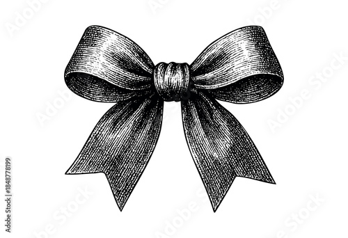 A detailed black and white engraving of a classic bow tie ribbon, rendered with fine hatching lines on a clean white background, perfect for decorative or design elements.