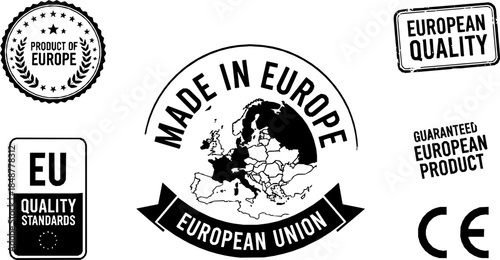 Made in Europe label. Made in Europe product emblem, sign, symbol, badge or seal. European Union quality standards tag, stamp an sticker. CE mark pictogram for product packaging. EU quality icon