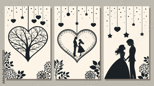 Romantic silhouettes of couples and hearts with floral designs