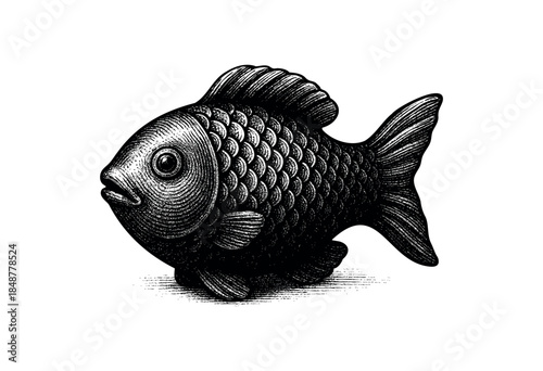 A detailed black and white illustration of a stylized fish with textured scales and fins, rendered in a vintage engraving style on a white background, perfect for design and conceptual use.