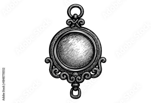 An intricately detailed, vintage-style ornamental medallion or pendant with swirling decorative elements rendered in a black and white etching style on a white background.