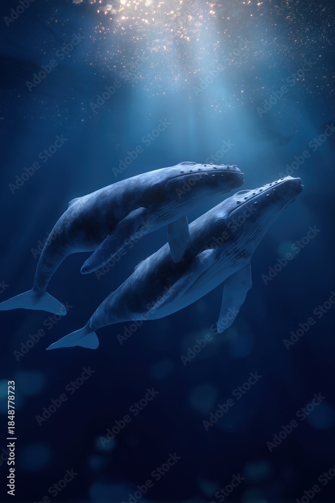 Fototapeta premium Majestic humpback whales in tranquil ocean depths beneath sunlit waters