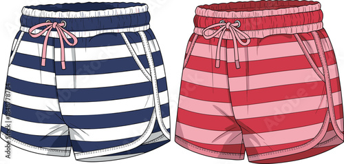 Striped summer beach shorts illustration, blue and red drawstring swimwear design, casual fashion apparel vector art isolated on white background minimal modern graphic style