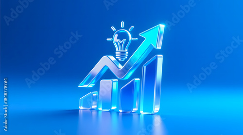 Prosperity icon merging innovation and growth, symbolizing a successful future and strategic business development, set against a pure, solid futuristic blue neon background.