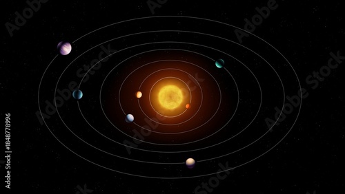 Model of the solar system with planets in orbits. Star with exoplanets on a black background. Extrasolar planetary system.