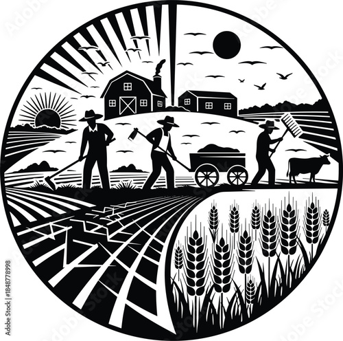 Vintage farm agriculture illustration, rural landscape farmers harvesting crops, wheat fields, barn, sunrise, traditional farming, countryside life, black white circular vector design,