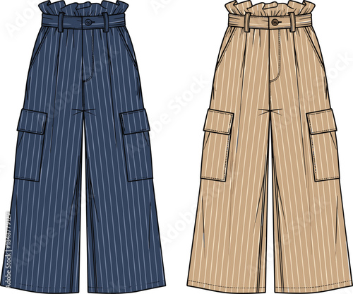 Wide leg cargo pants illustration, striped high waist trousers, fashion technical flat, modern women apparel design, vector clothing template isolated white background studio mockup