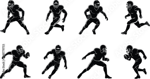 American football player silhouettes set, dynamic running tackling poses, black sport athlete icons isolated on white background illustration