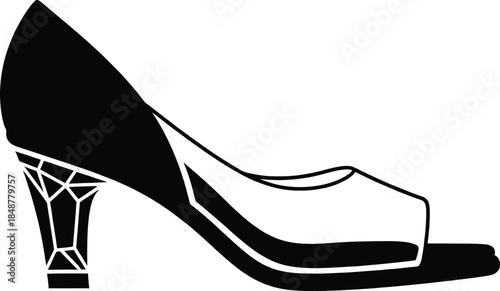 High heel peep toe shoe icon with a unique geometric textured heel design for women's fashion retail branding and elegant footwear commercial graphic illustration.