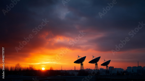 Three large satellite dish antennas silhouetted against a dramatic sunset sky, parabolic radio telescopes aligned in a row on a flat horizon, warm orange and red twilight clouds co
