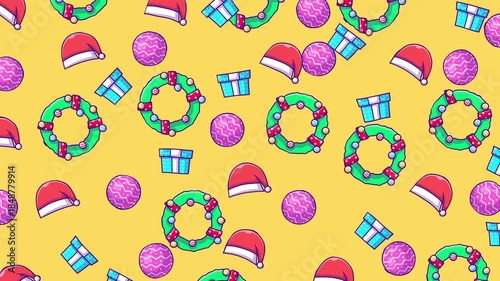 christmas themed pattern featuring gifts, wreaths, ornaments, and santa hats. Perfect for festive backgrounds, wallpapers, greeting cards, and holiday designs.