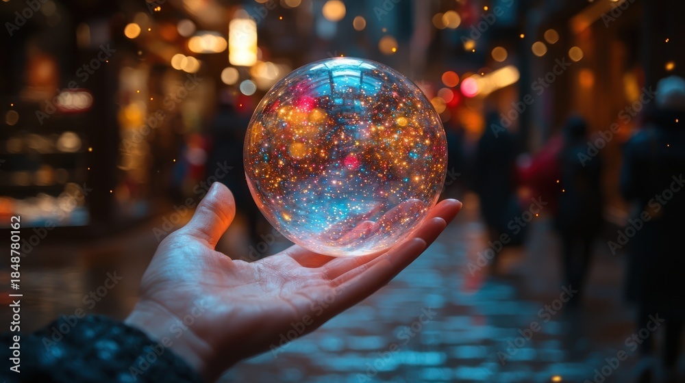 Fototapeta premium Hand holds a luminous orb, depicting a city street at night with bokeh lights, fantasy themed
