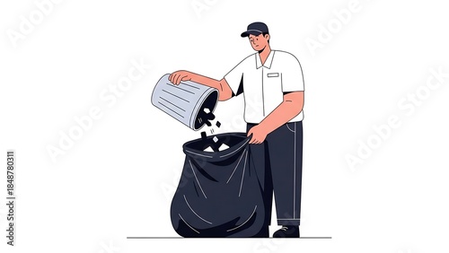 Man in Uniform Disposing of Trash into a Large Black Bag.
