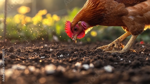 Close-up of a brown hen foraging on earthy soil under sunlit farmyard conditions with a distant blurred yellow-flowered field