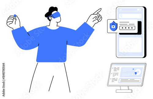 Cybersecurity, online privacy, identity protection, digital authentication, technology interface, data security. Person gesturing to secure login screens and digital icons. Cybersecurity and online