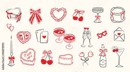 Whimsical hand drawn romantic doodle elements with hearts, bows, cakes, cocktails and champagne. Vintage inspired Valentine and wedding illustration set for invitations cards, stationery, celebrations